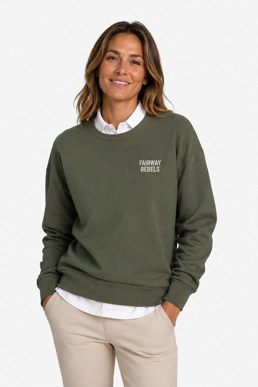 Sweat de golf femme vert foncé, manches longues, logo poitrine «FAIRWAY REBELS».