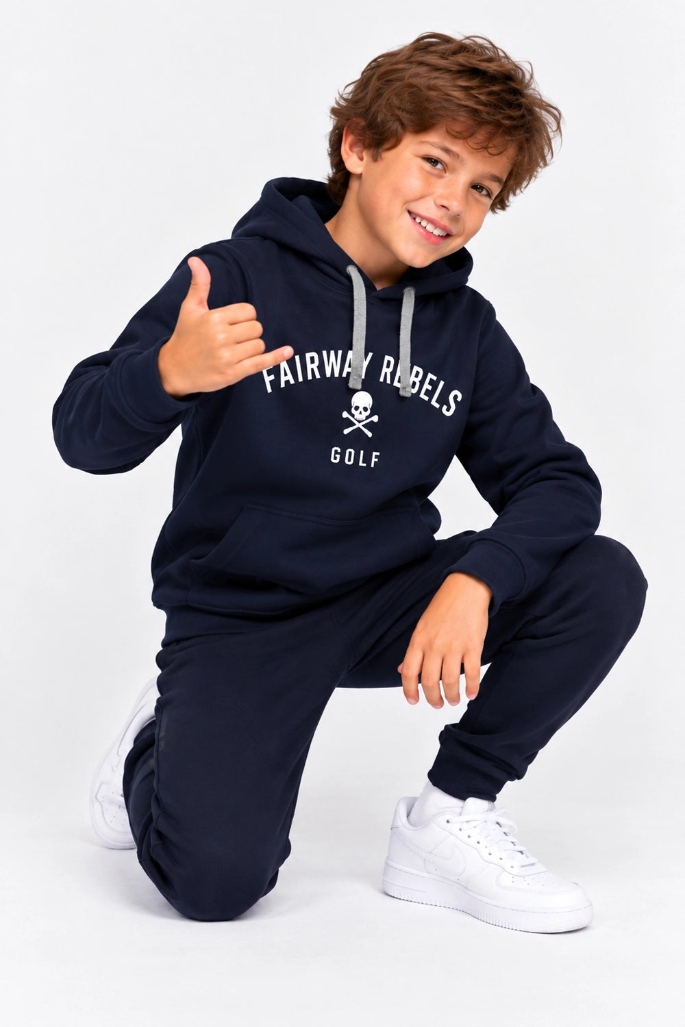 Sweat à capuche garçon bleu marine, logo « Fairway Rebels Golf » et crâne au centre