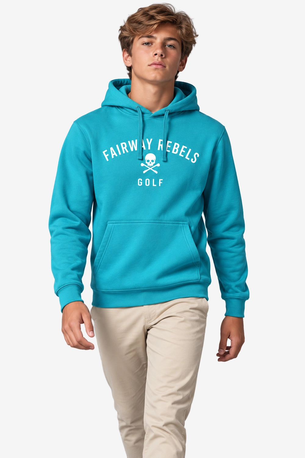 Sweat à capuche turquoise, logo poitrine Fairway Rebels Golf et poche kangourou