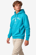 Sweat à capuche turquoise pour garçon, poche kangourou et logo poitrine
