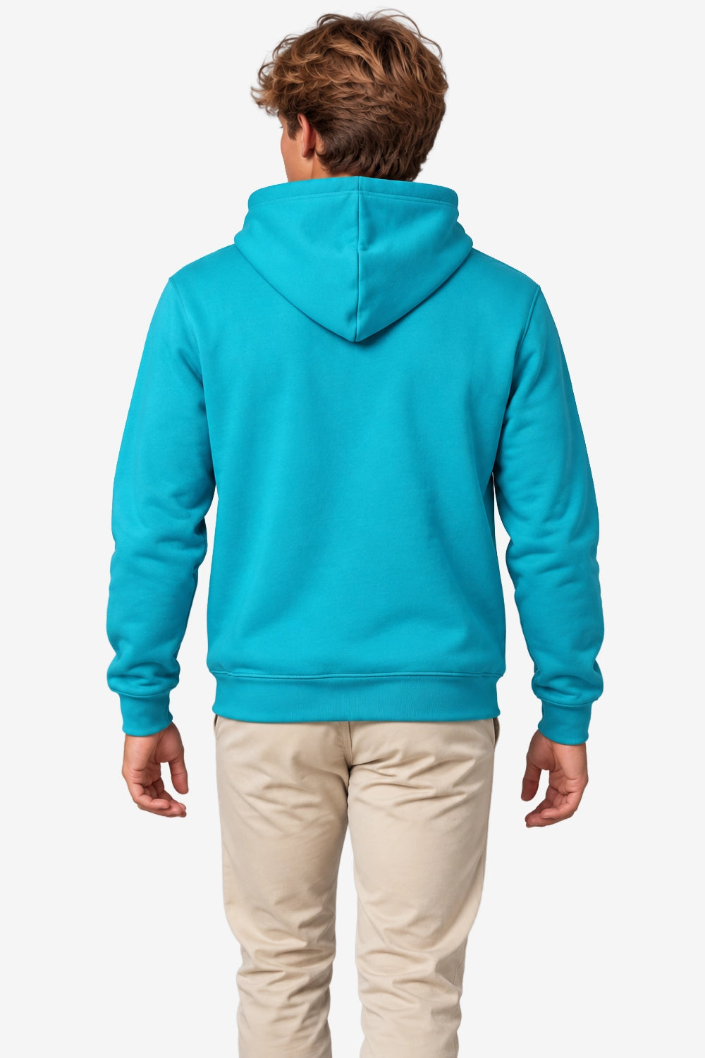Sweat turquoise pour garçon, capuche et couture du dos visibles