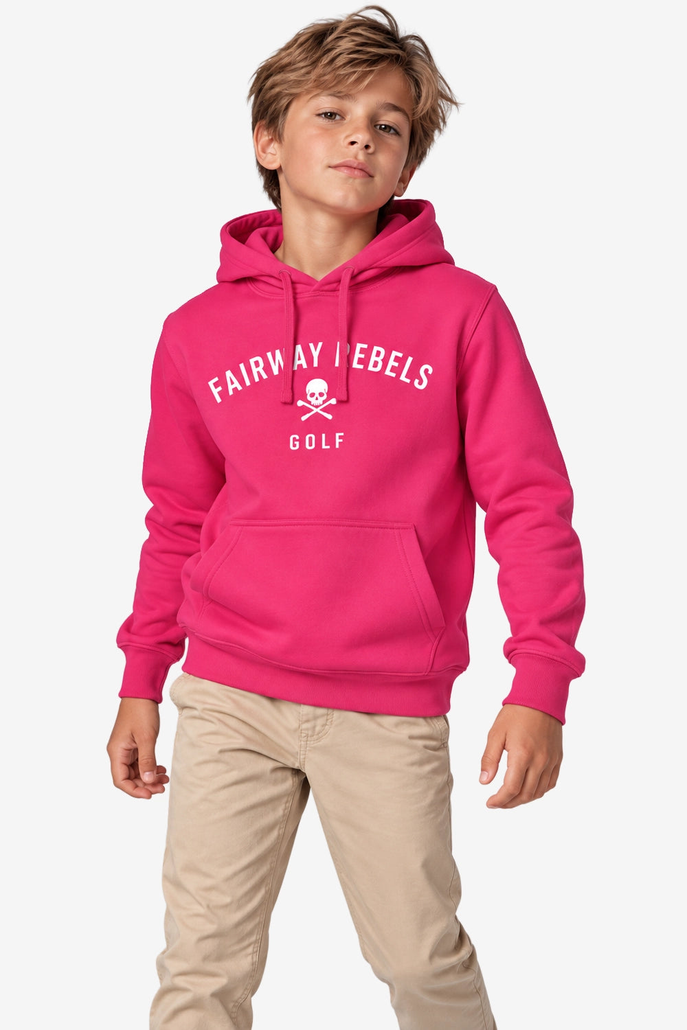 Sweat garçon fuchsia à capuche, poche kangourou, imprimé «Fairway Rebels Golf» au centre.