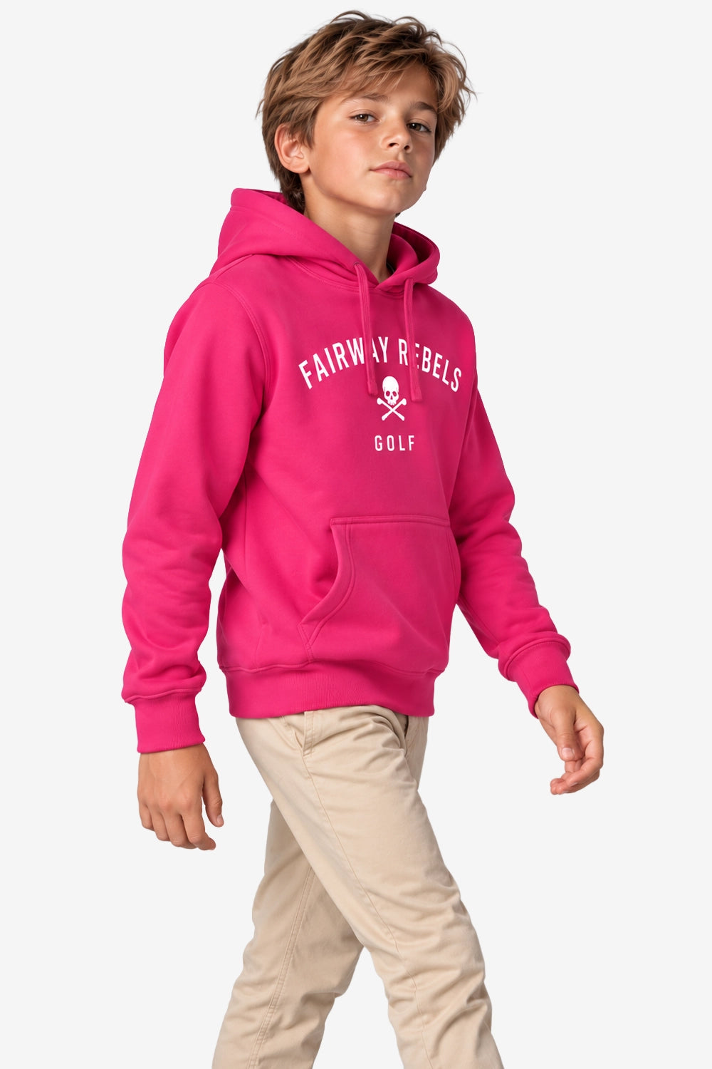 Sweat garçon fuchsia à capuche, poche kangourou, imprimé «Fairway Rebels Golf».