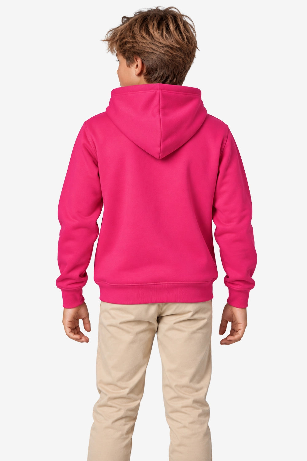 Sweat garçon fuchsia à capuche, vue arrière, poignets côtelés, poche kangourou.