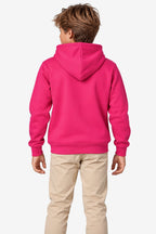 Sweat garçon fuchsia à capuche, vue arrière, poignets côtelés, poche kangourou.