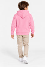 Sweat à capuche rose garçon, vue arrière, capuche et couture des manches