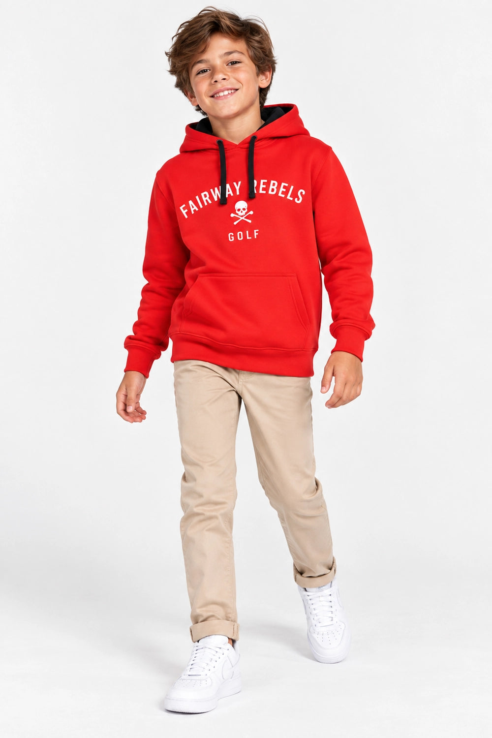 Sweat à capuche rouge enfant, logo brodé "Fairway Rebels Golf" sur le devant