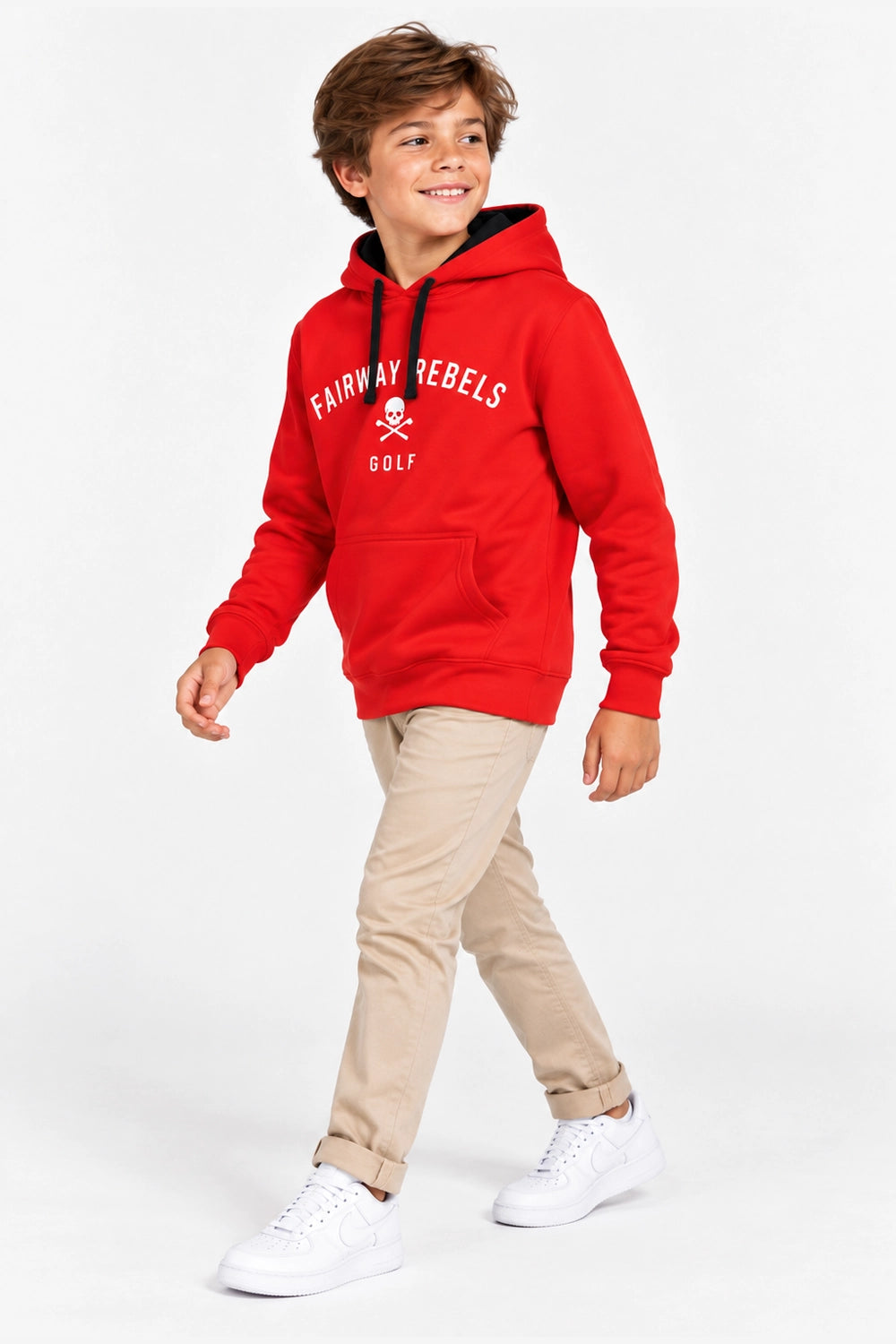 Sweat à capuche rouge enfant avec poche kangourou et logo "Fairway Rebels Golf"