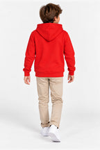 Sweat à capuche rouge enfant vu de dos, manches longues et capuche