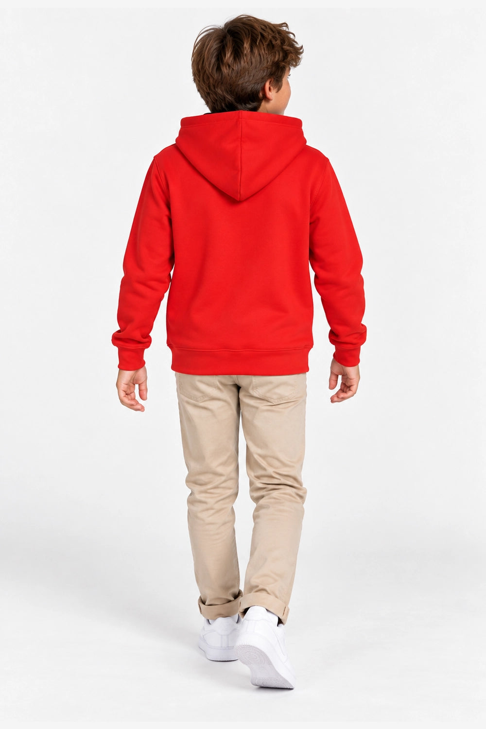 Sweat à capuche rouge enfant vu de dos, manches longues et capuche