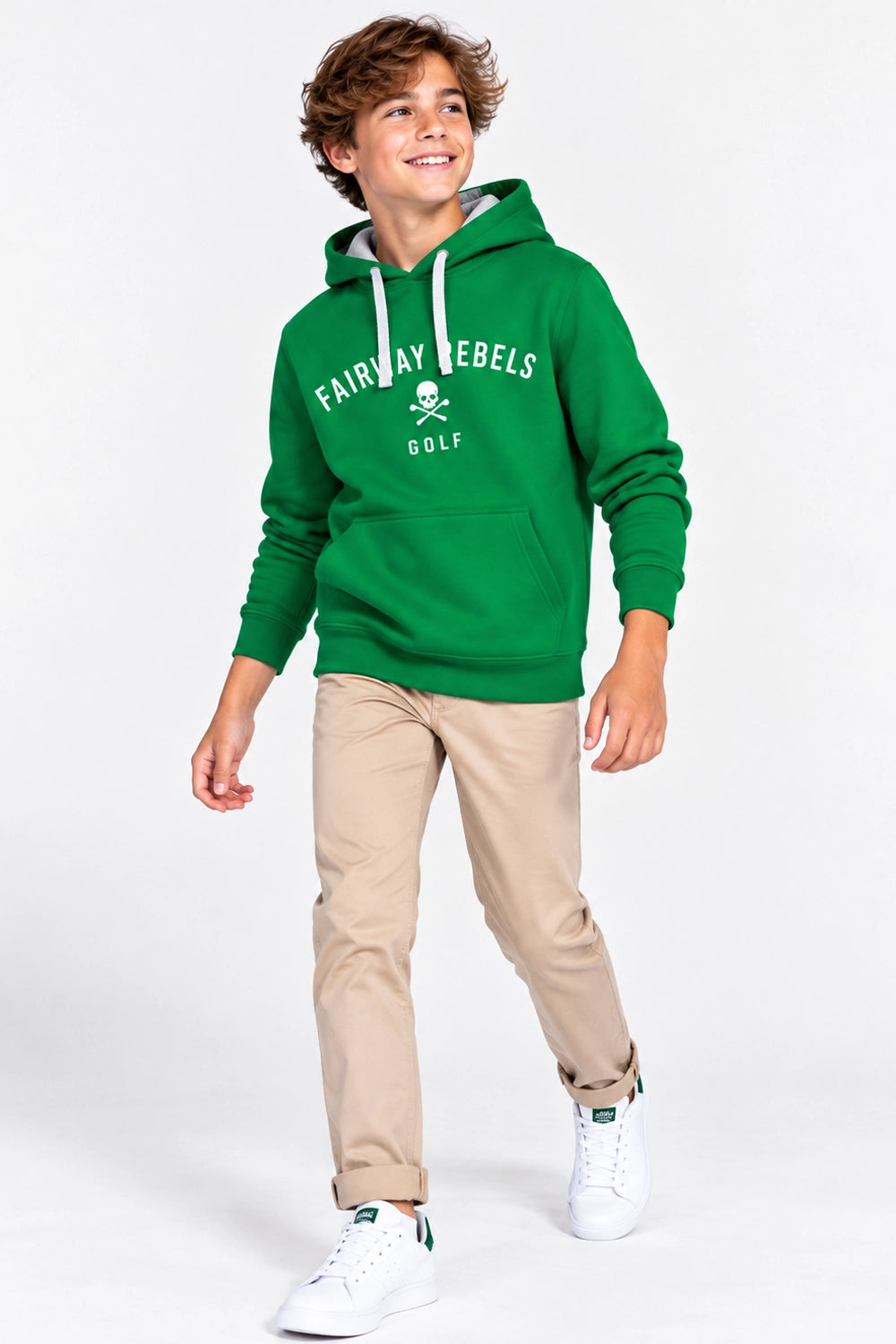 Sweat à capuche vert pour garçon, logo FAIRWAY EREBELS GOLF au centre