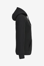 Sweat à capuche homme noir, vue de profil manches longues et capuche.