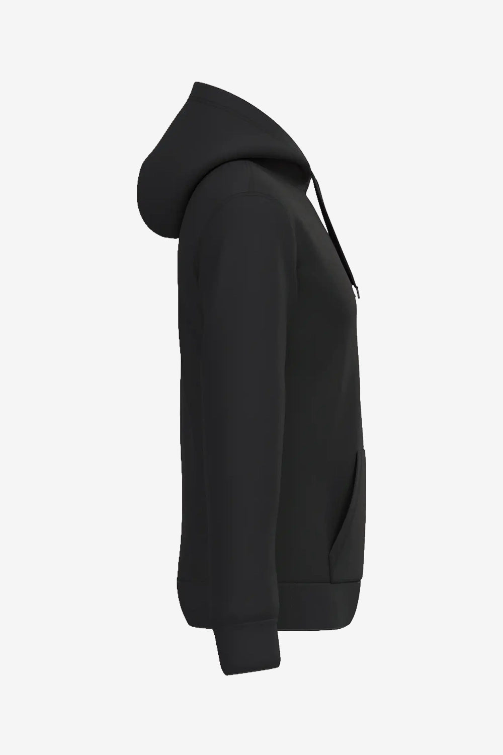 Sweat à capuche homme noir, vue de profil manches longues et capuche.