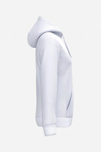 Sweat à capuche homme blanc, vue de profil avec capuche et manches longues