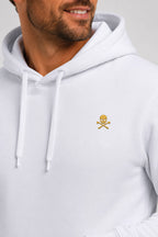 Sweat à capuche homme blanc avec petit emblème jaune et cordons de capuche