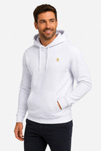 Sweat à capuche homme blanc, poche kangourou et petit emblème jaune sur la poitrine