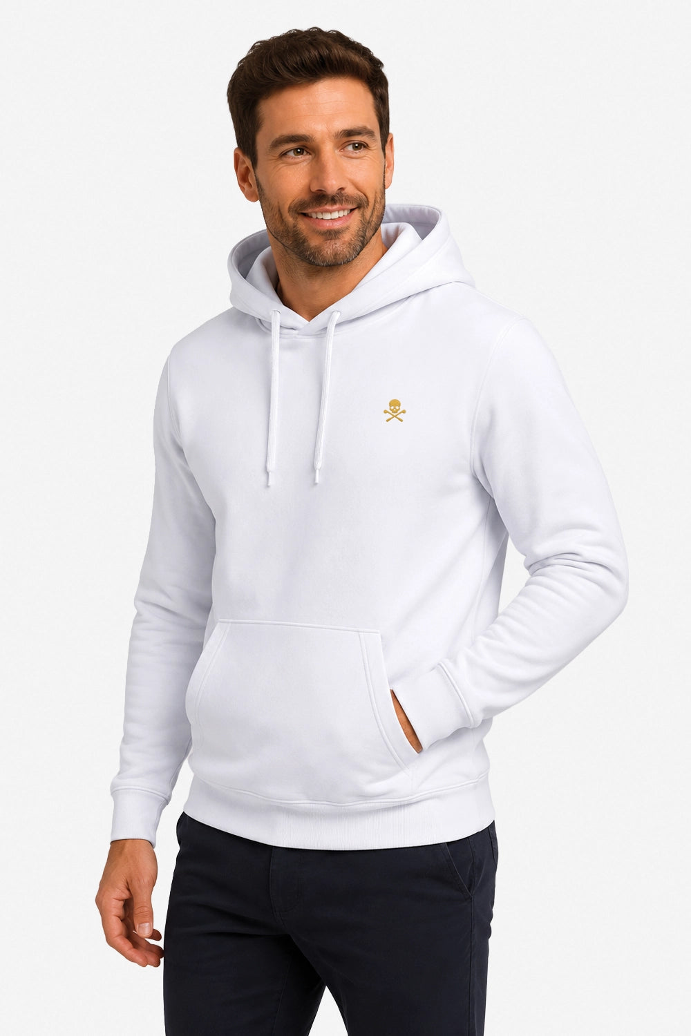 Sweat à capuche homme blanc, poche kangourou et petit emblème jaune sur la poitrine
