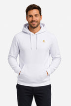 Sweat à capuche homme blanc, capuche avec cordons et petit emblème jaune