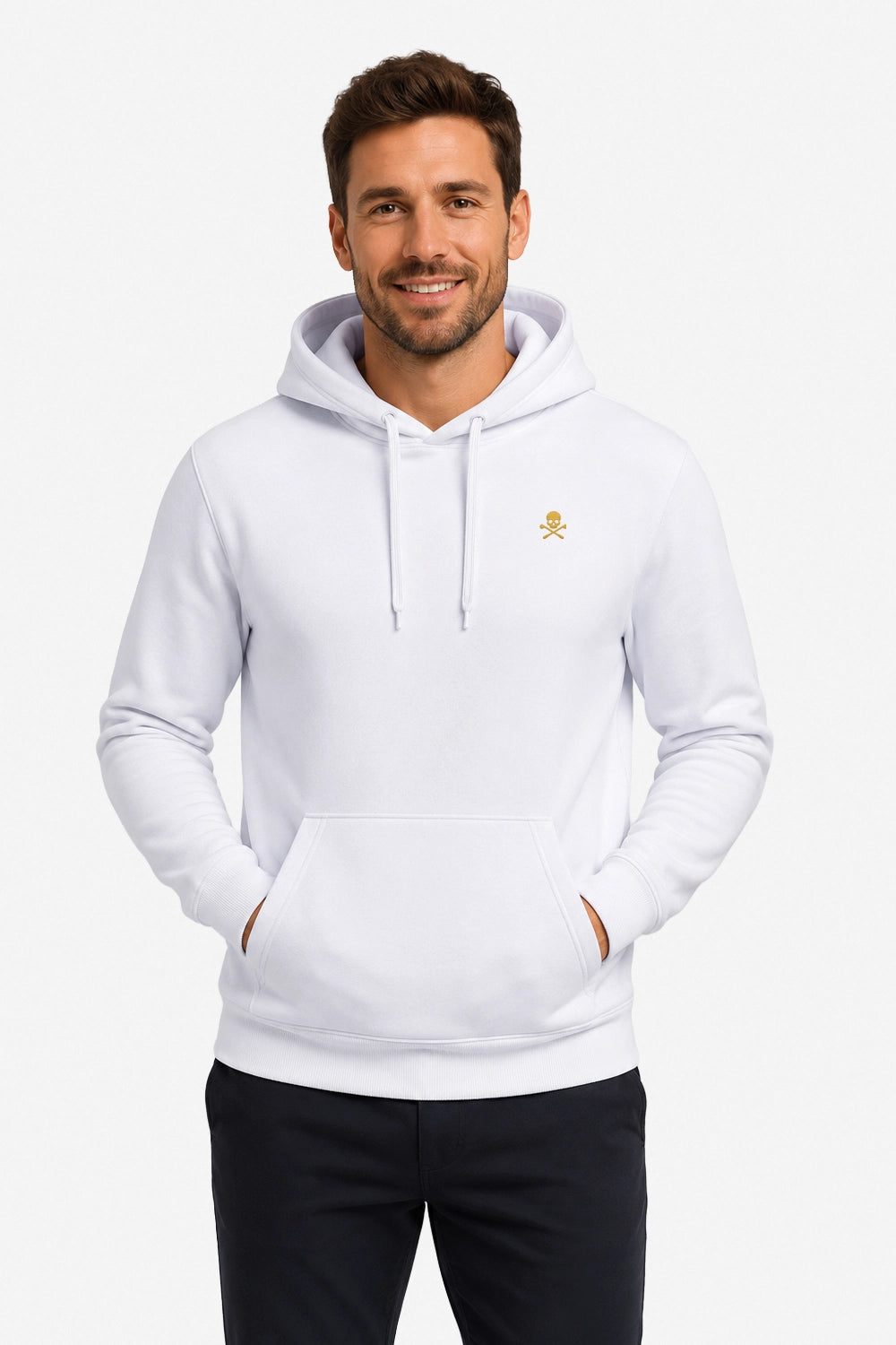 Sweat à capuche homme blanc, capuche avec cordons et petit emblème jaune