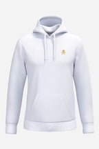 Sweat à capuche homme blanc, capuche avec cordons et petit emblème jaune
