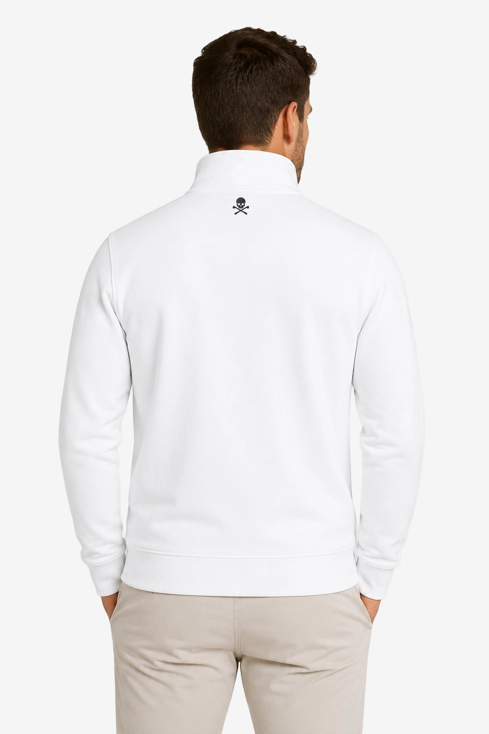 Veste de golf zippée pour homme en molleton blanc, col montant, logo dos, manches longues.