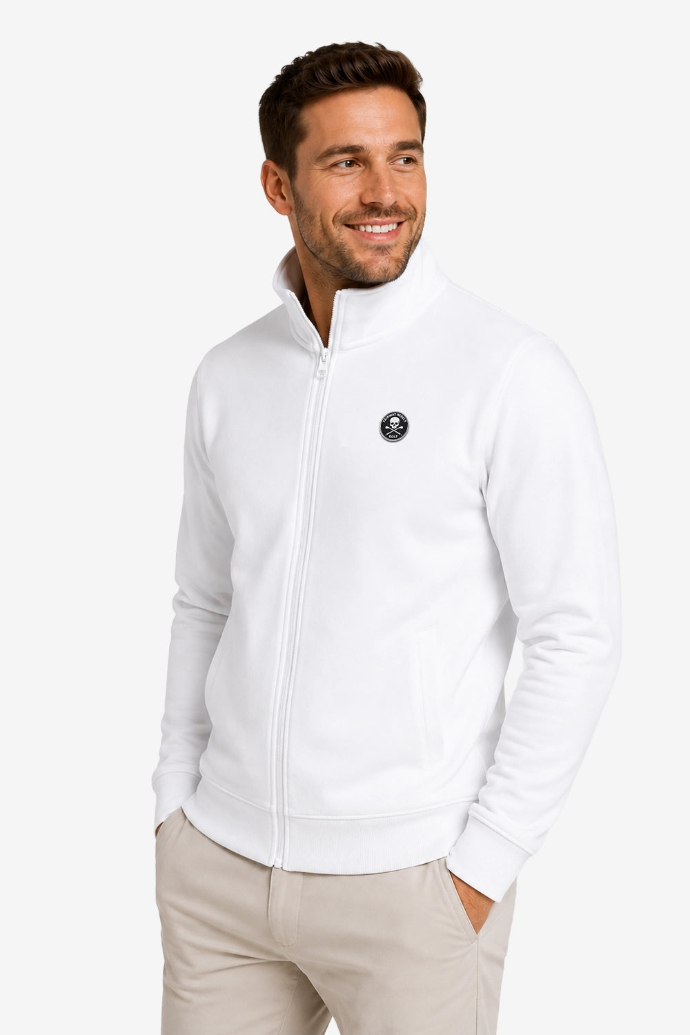 Veste de golf zippée homme en molleton blanc, col montant, logo poitrine, poche latérale.
