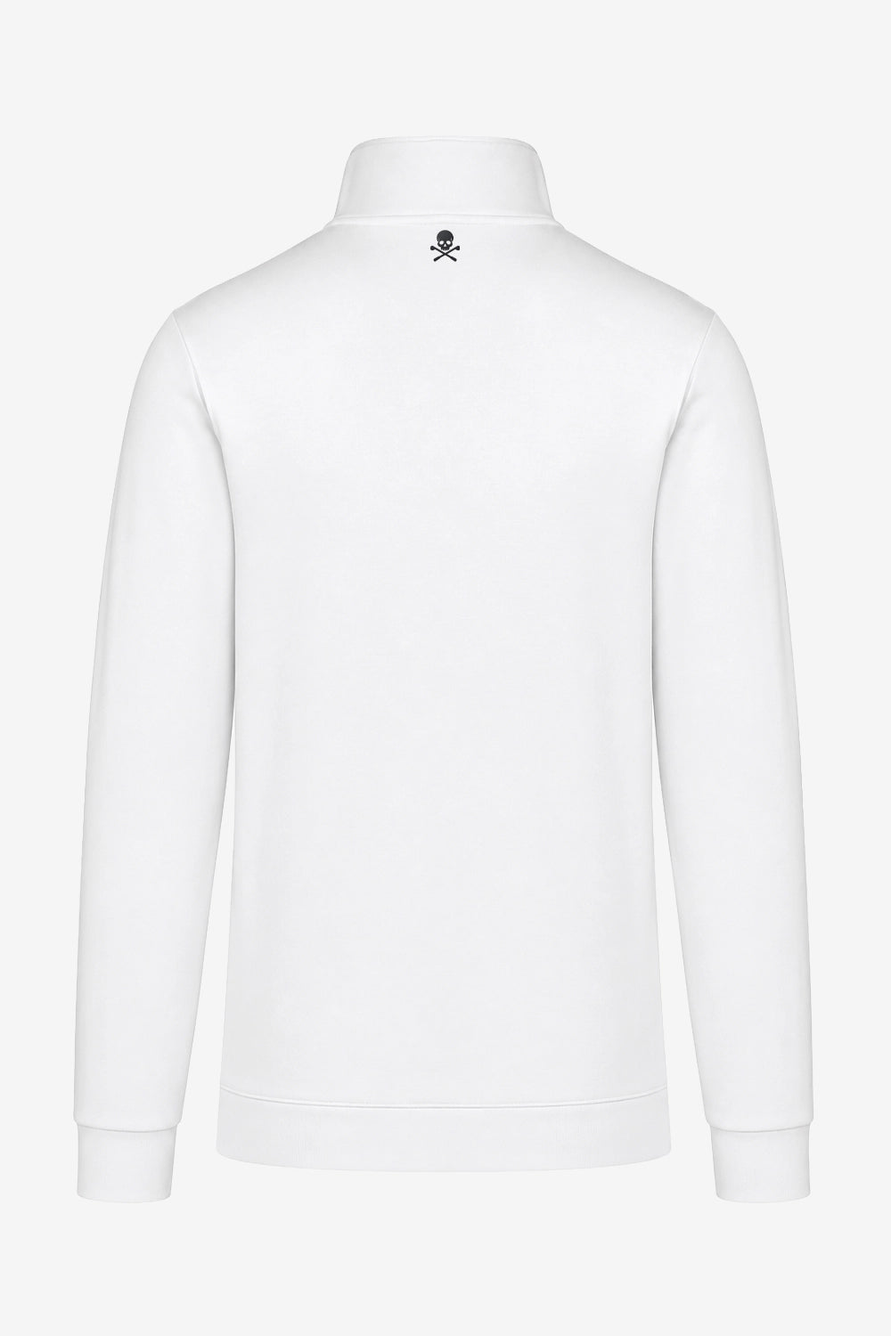 Veste de golf zippée homme en molleton blanc, vue de dos, col montant, logo sur haut du dos.