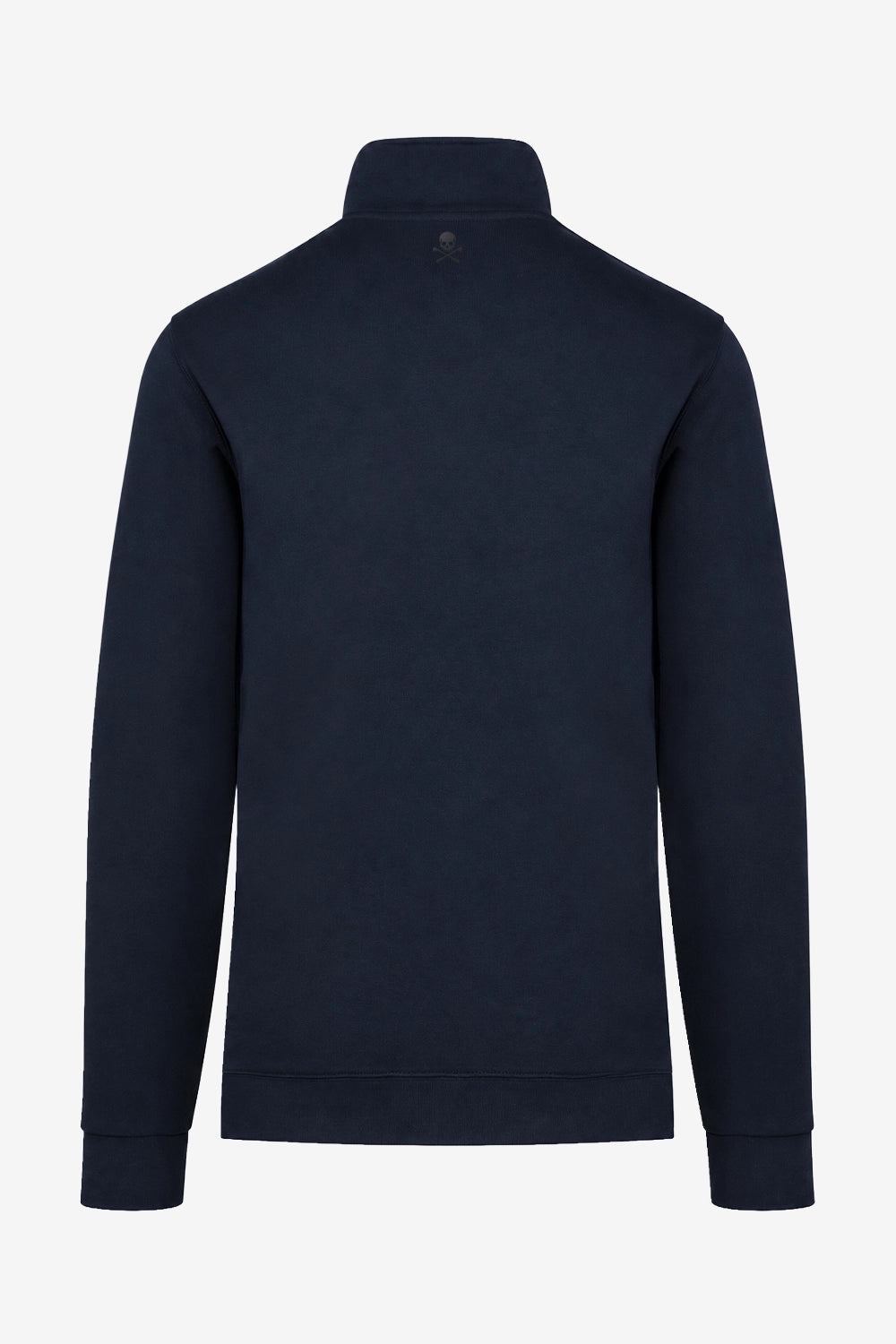 Veste de golf zippée homme en molleton bleu nuit, vue de dos, manches longues, col montant.