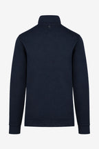 Veste de golf zippée homme en molleton bleu nuit, vue de dos, manches longues, col montant.