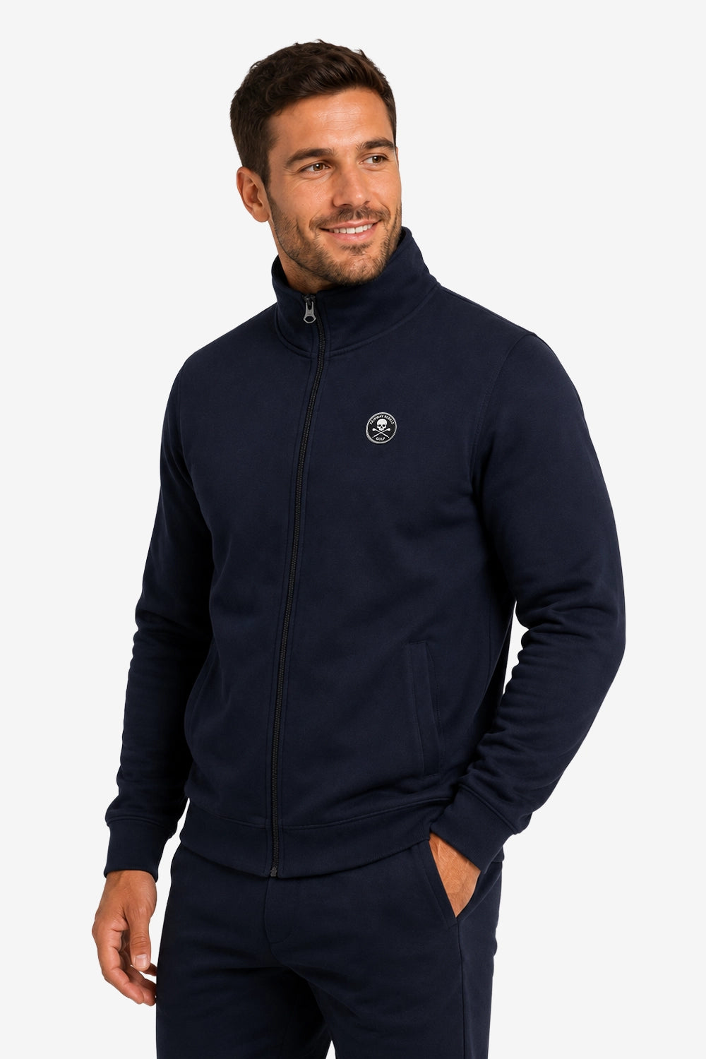 Veste de golf zippée homme en molleton bleu nuit, fermeture éclair, col montant, logo poitrine.