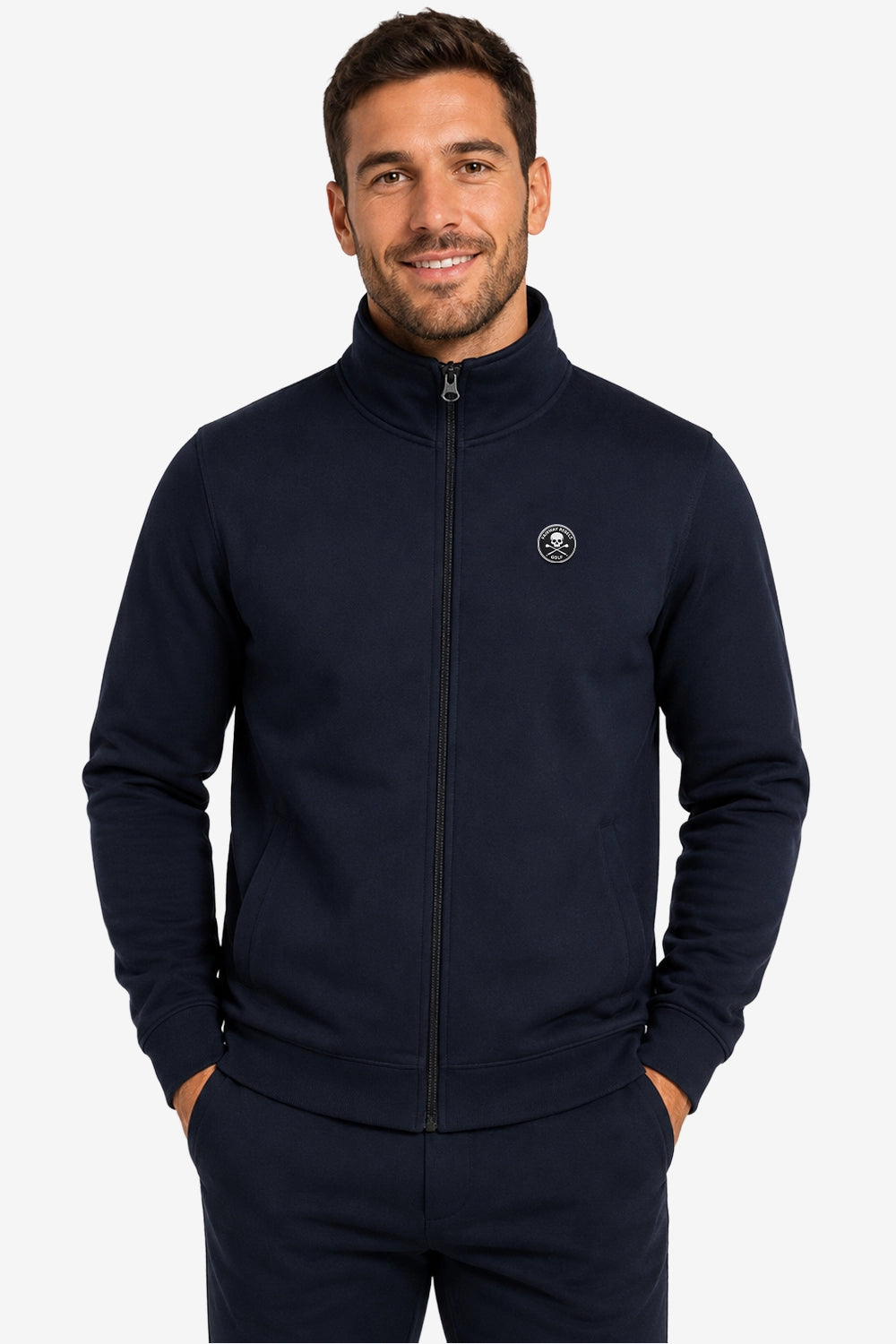Veste de golf zippée homme bleu marine, col montant et logo poitrine