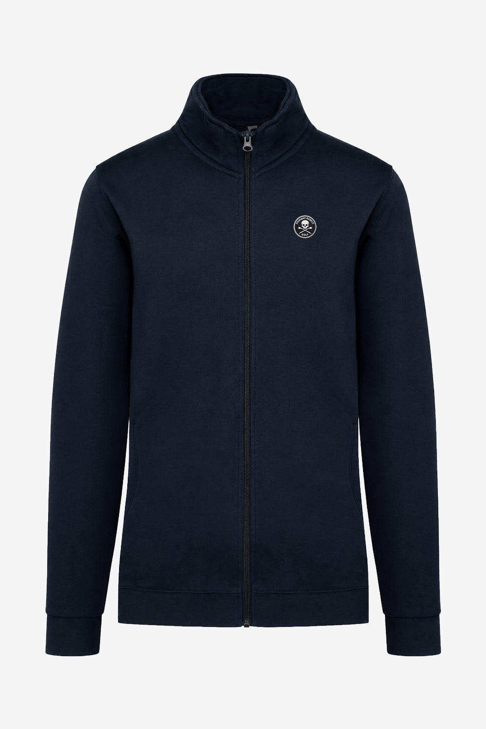 Veste de golf zippée homme bleu marine, face avec logo sur la poitrine