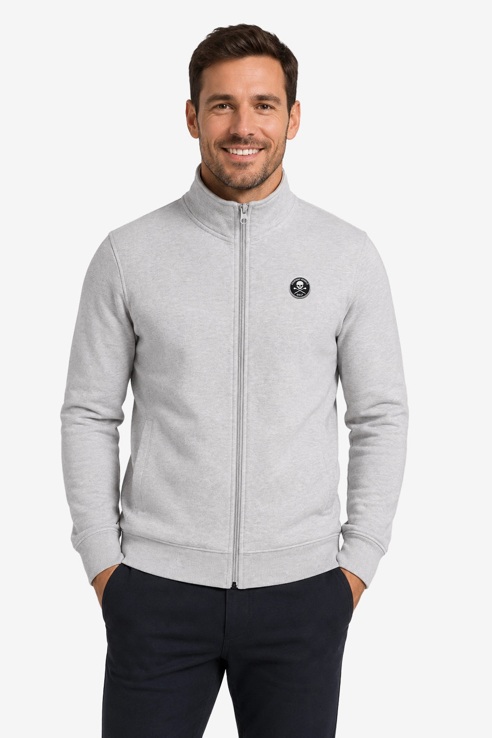 Veste de golf zippée homme gris clair, col montant et fermeture éclair