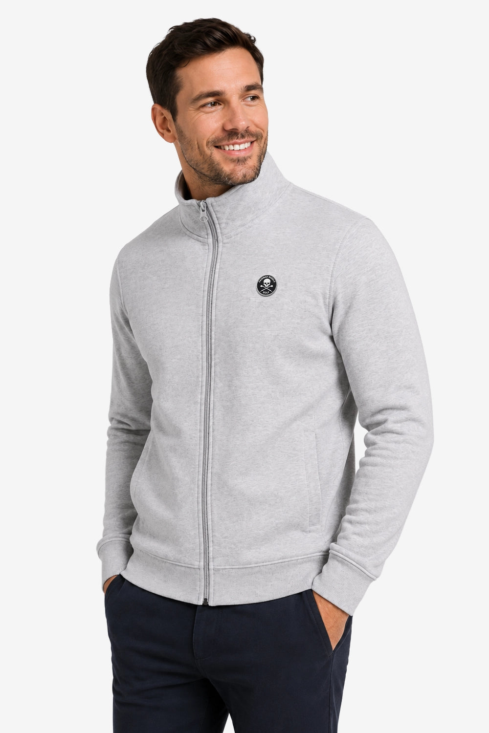 Veste de golf zippée homme gris clair, vue trois-quarts avec fermeture