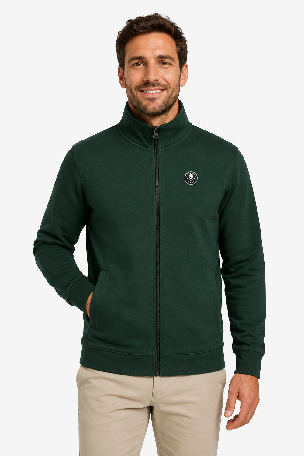 Veste de golf homme verte foncée zippée, col montant, logo poitrine.