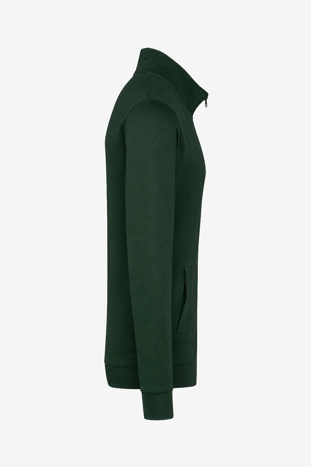 Veste de golf homme verte foncée, vue de profil, zip central, manches longues.