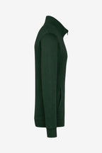 Veste de golf homme verte foncée, vue de profil, zip central, manches longues.