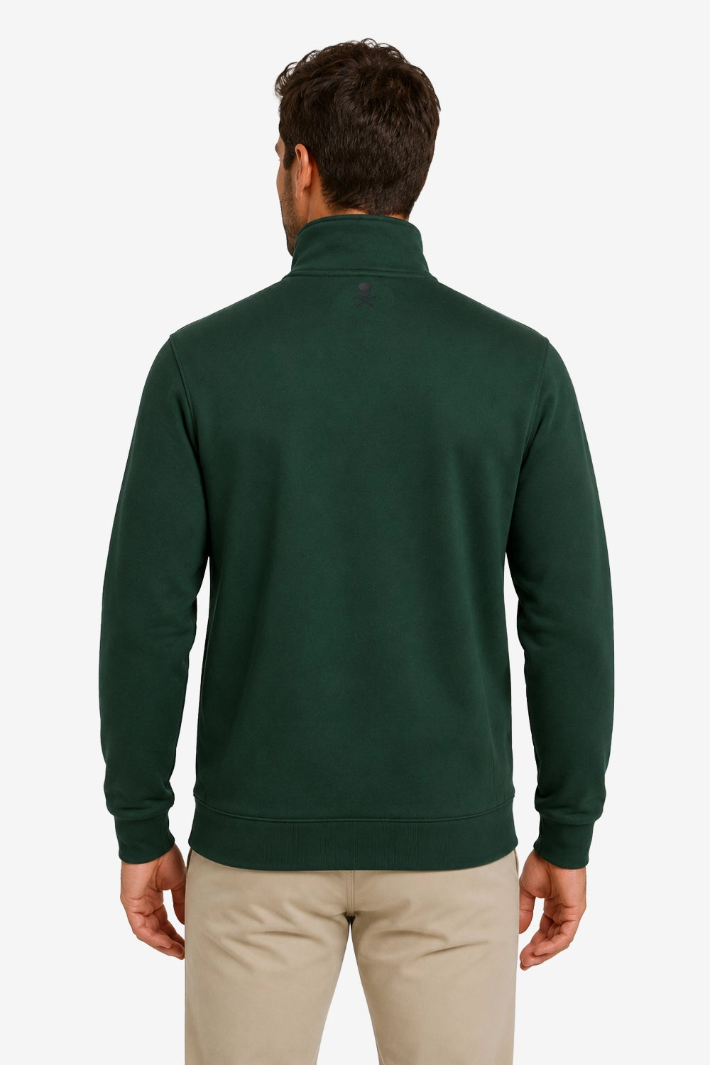 Veste de golf homme verte foncée, vue arrière, manches longues et col montant.