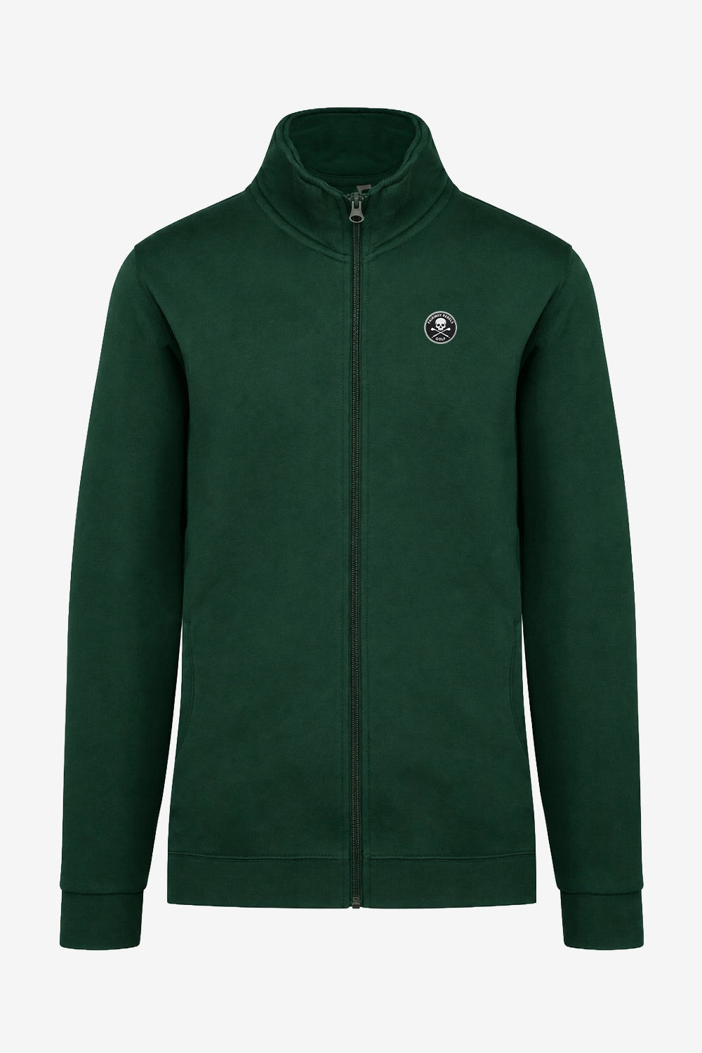 Veste de golf homme verte foncée zippée, col montant, manches longues, logo poitrine.