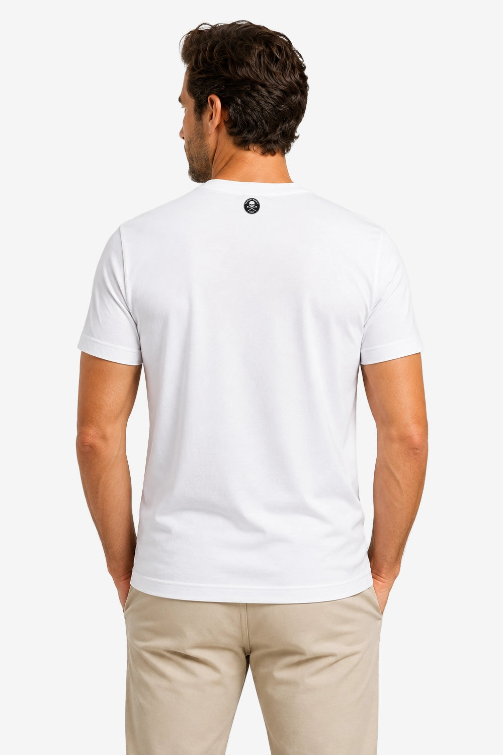T-shirt blanc unisexe, vue dos : encolure ronde avec petite patte de boutonnage