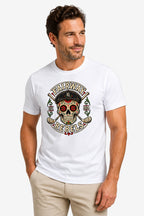 T-shirt blanc unisexe à grand imprimé crâne multicolore Fairway Rebels