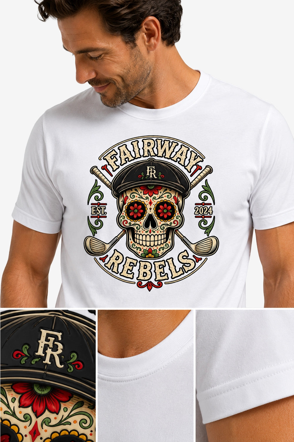 T-shirt blanc : gros plan sur l’imprimé crâne et sur l’encolure ronde