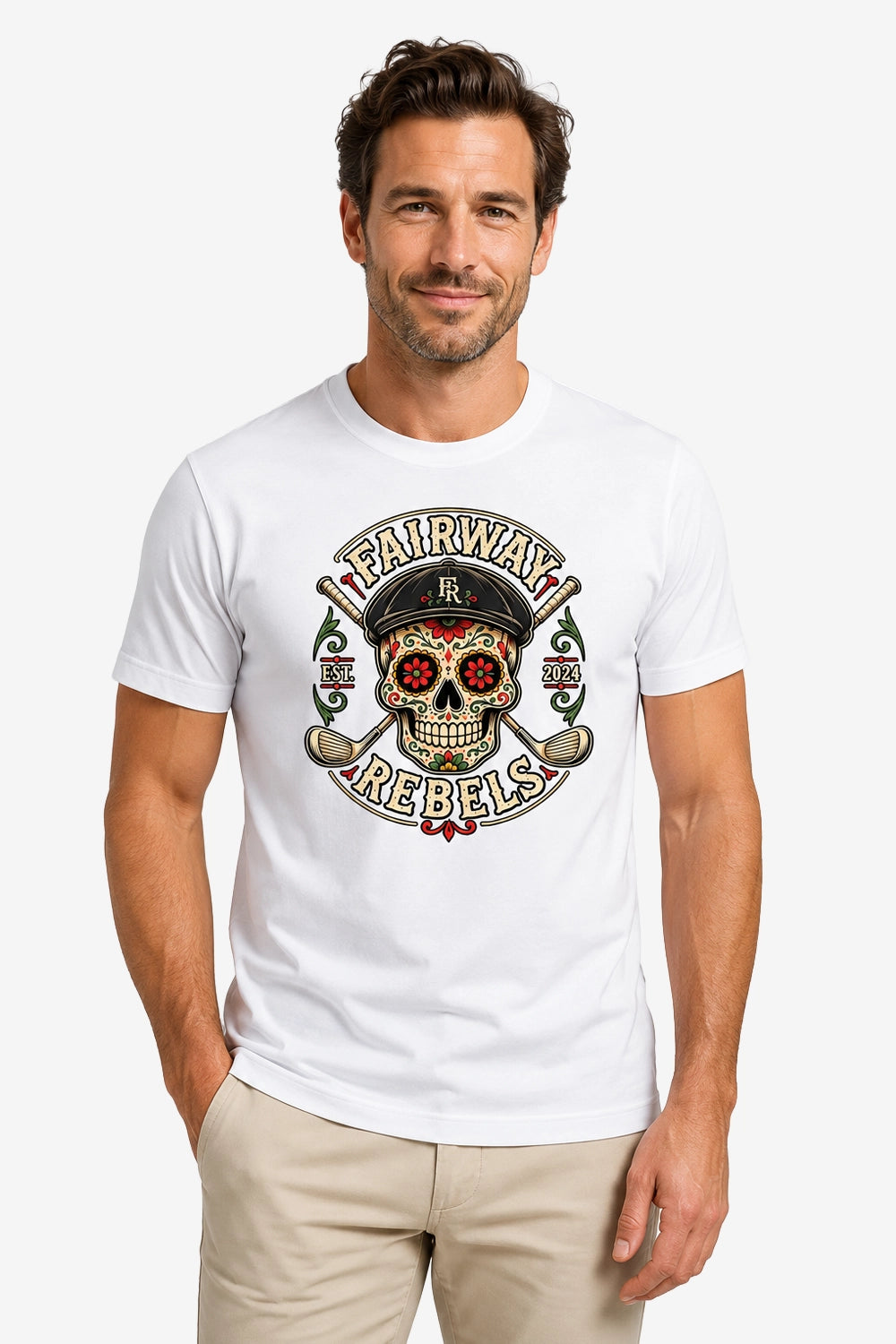 T-shirt blanc unisexe avec imprimé crâne Fairway Rebels sur le devant