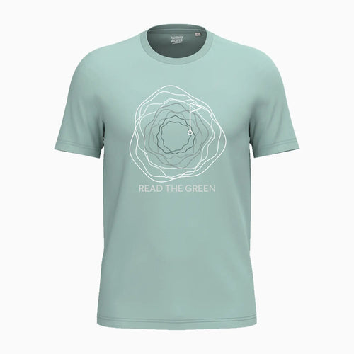 T-shirt unisexe vert clair, motif circulaire et texte READ THE GREEN au centre.