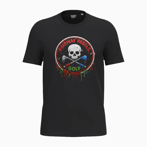 T-shirt unisexe noir à imprimé crâne et golf, cercle Fairway Rebels coloré, col rond