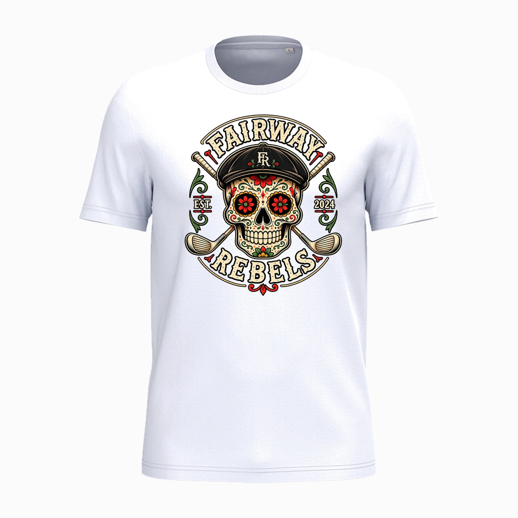 T-shirt blanc unisexe à imprimé crâne coloré et logo Fairway Rebels