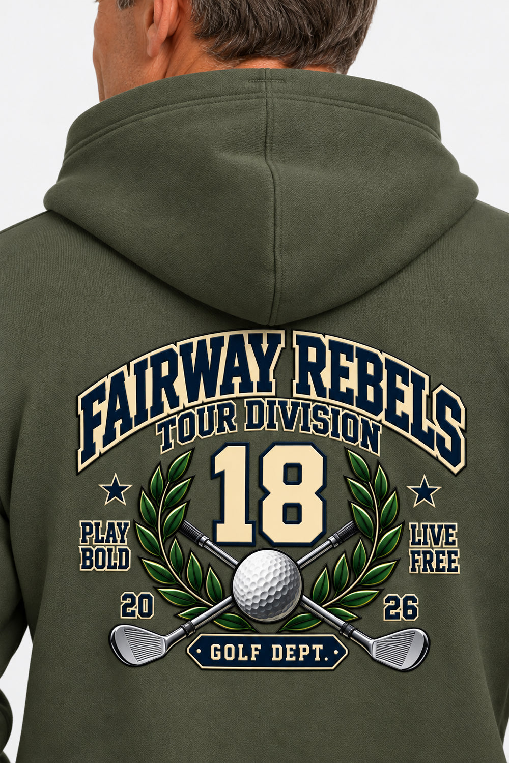 Sweat de golf homme vert olive à capuche, gros imprimé « Fairway Rebels 18 » au dos