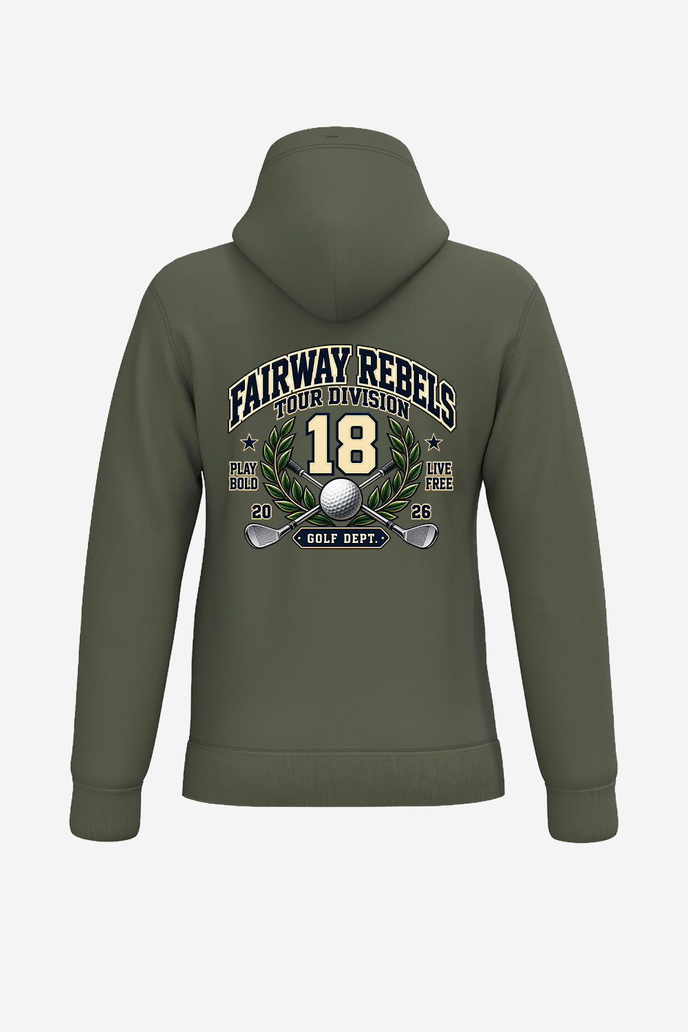 Sweat de golf homme vert olive à capuche, imprimé « Fairway Rebels 18 » sur le devant