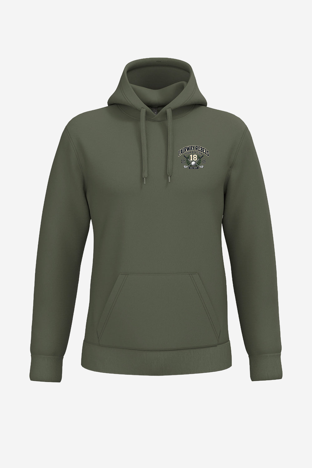 Sweat de golf homme vert olive à capuche, poche kangourou, logo « Fairway Rebels 18 »