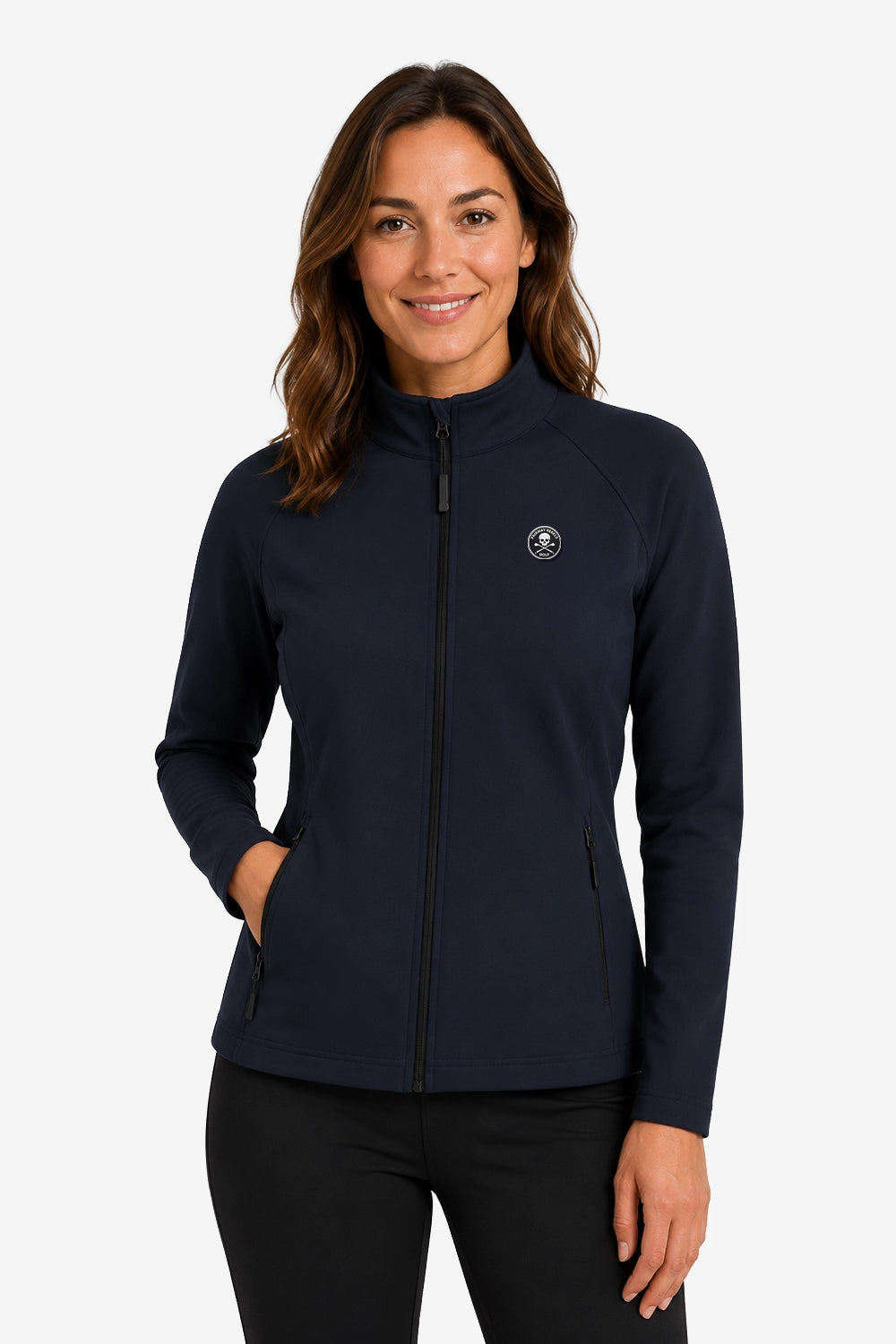 Veste de golf déperlante bleu marine pour femme, zip intégral et badge poitrine.